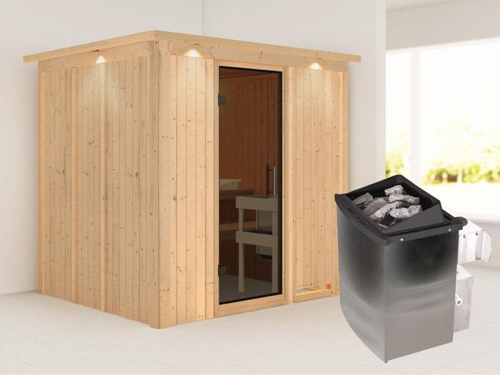 Karibu Sauna Sodin inkl. 9 kW Ofen integr. Steuerung mit moderner Saunatür - mit Dachkranz -