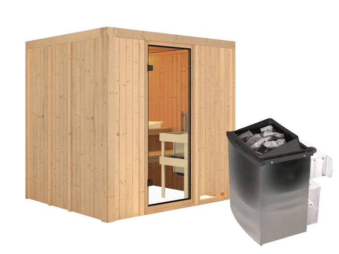 Karibu Sauna Sodin inkl. 9 kW Ofen integr. Steuerung mit Klarglas Ganzglastür - ohne Dachkranz -
