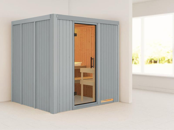 Karibu Sauna Sodin inkl. 9 kW Ofen integr. Steuerung, lichtgrau, mit Klarglas Ganzglastür -ohne Dach