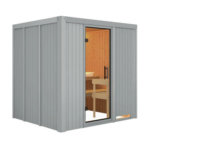 Karibu Sauna Sodin inkl. 9 kW Ofen integr. Steuerung, lichtgrau, mit Klarglas Ganzglastür -ohne Dach