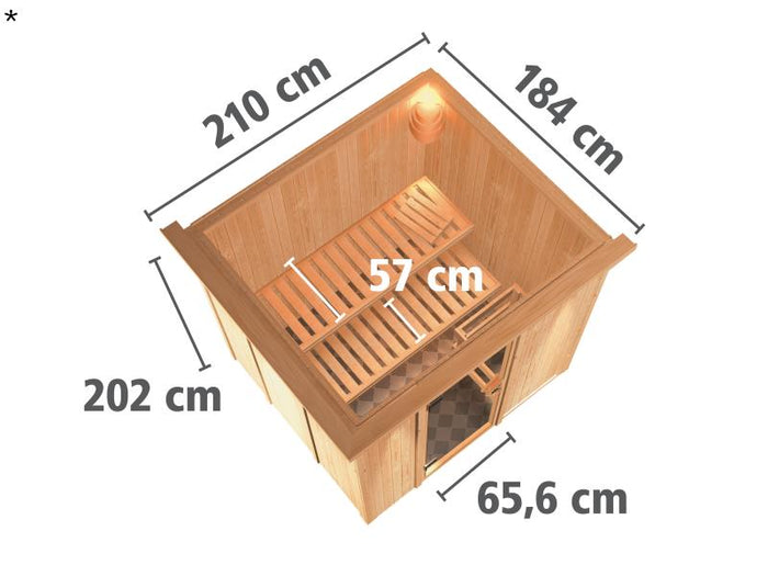 Karibu Sauna Sodin ohne Ofen, mit Dachkranz, mit moderner Saunatür