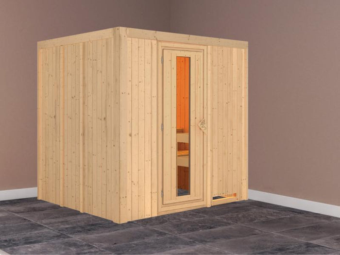 Karibu Sauna Sodin ohne Ofen, ohne Dachkranz, mit energiesparender Saunatür