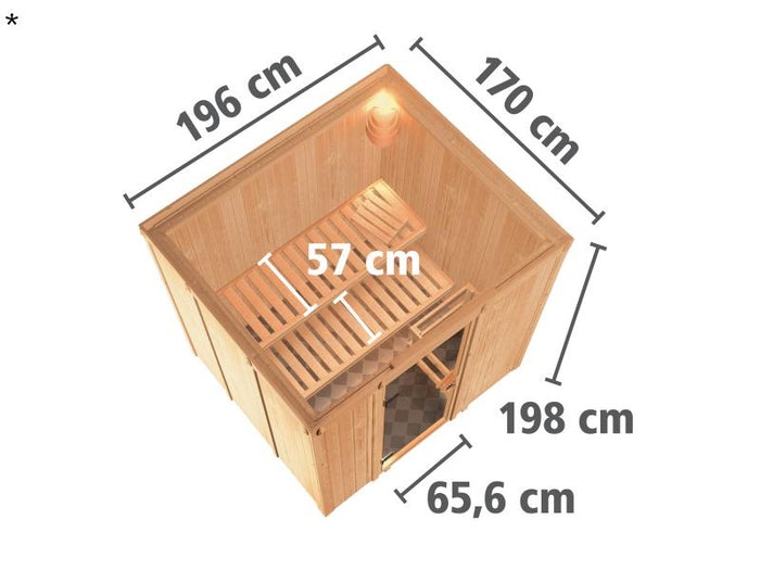 Karibu Sauna Sodin ohne Ofen, ohne Dachkranz, mit Klarglas Ganzglastür