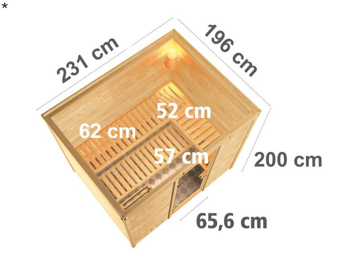 Karibu Sauna Sonara inkl. 9 kW Bio Ofen mit ext. Steuerung, ohne Dachkranz, mit Klarglas Ganzglastür