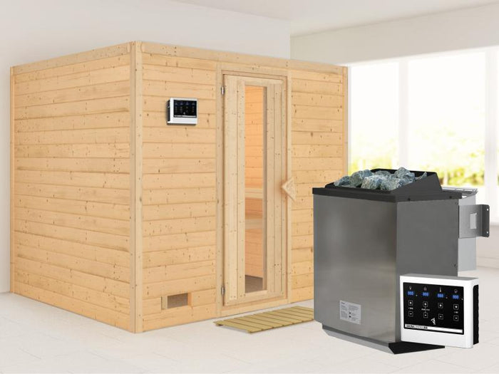 Karibu Sauna Sonara inkl. 9-kW-Bioofen mit externer Steuerung, ohne Dachkranz, mit energiesparender
