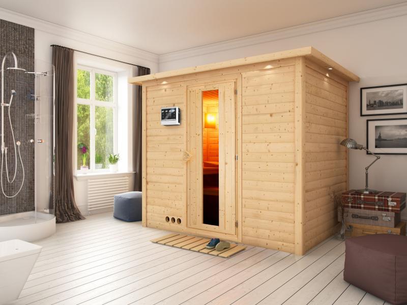 Karibu Sauna Sonara inkl. 9-kW-Bioofen mit externer Steuerung, mit Dachkranz, mit energiesparender S