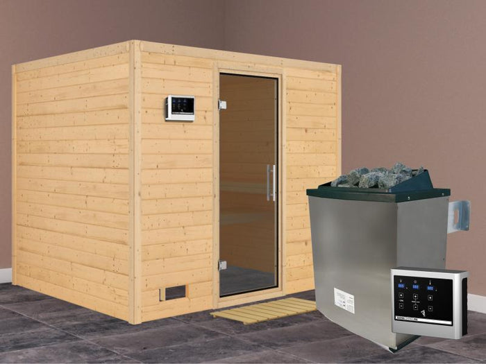 Karibu Sauna Sonara inkl. 9-kW-Ofen mit externer Steuerung, ohne Dachkranz, mit moderner Saunatür