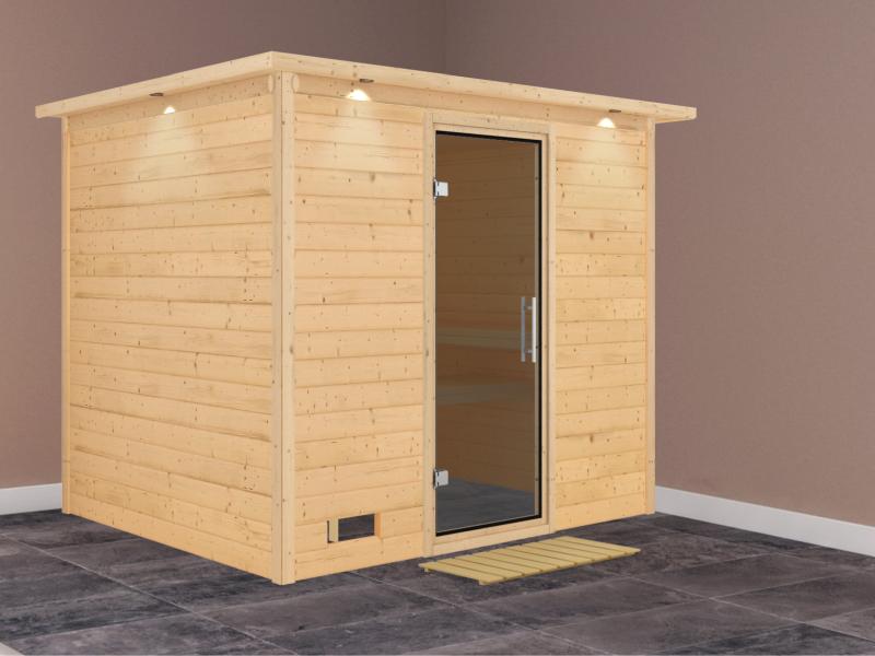 Karibu Sauna Sonara ohne Ofen, mit Dachkranz, mit moderner Saunatür