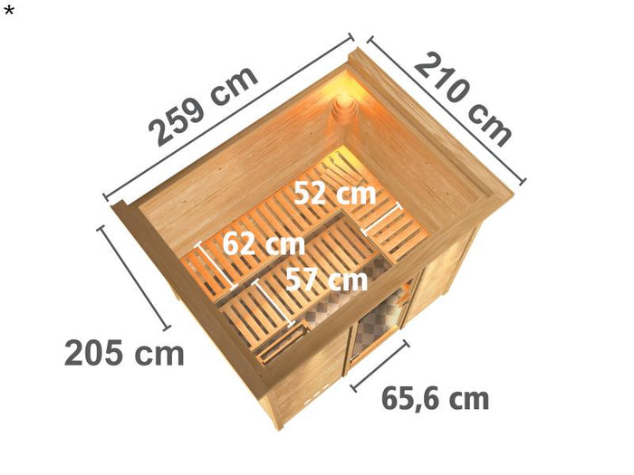 Karibu Sauna Sonara ohne Ofen, mit Dachkranz, mit moderner Saunatür