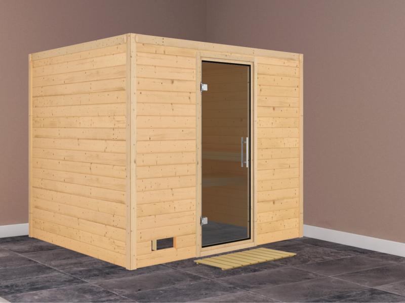 Karibu Sauna Sonara ohne Ofen, ohne Dachkranz, mit moderner Saunatür