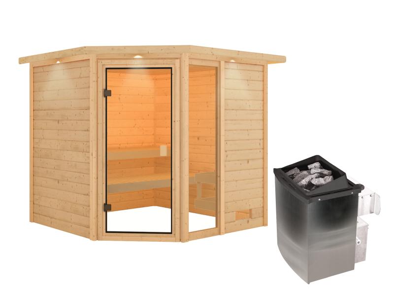 Karibu Sauna Tabea mit 9 kW Ofen integr. Strg und Dachkranz 38 mm