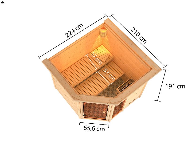 Karibu Sauna Tabea mit 9 kW Ofen integr. Strg und Dachkranz 38 mm