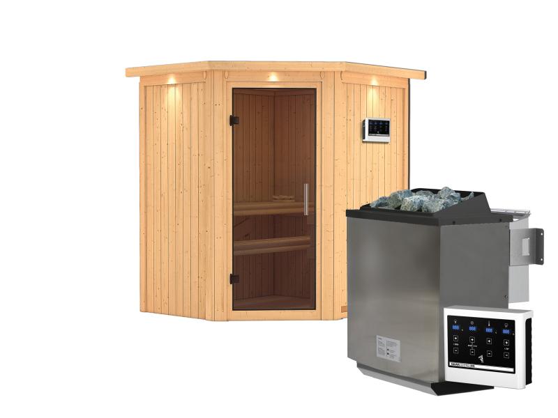 Karibu Sauna Taurin inkl. 9 kW Bioofen ext. Steuerung, mit moderner Saunatür - mit Dachkranz -