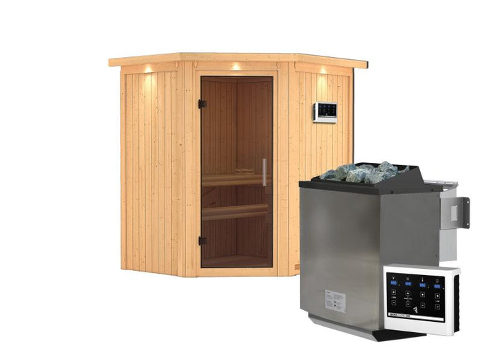 Karibu Sauna Taurin inkl. 9 kW Bioofen ext. Steuerung, mit moderner Saunatür - mit Dachkranz -