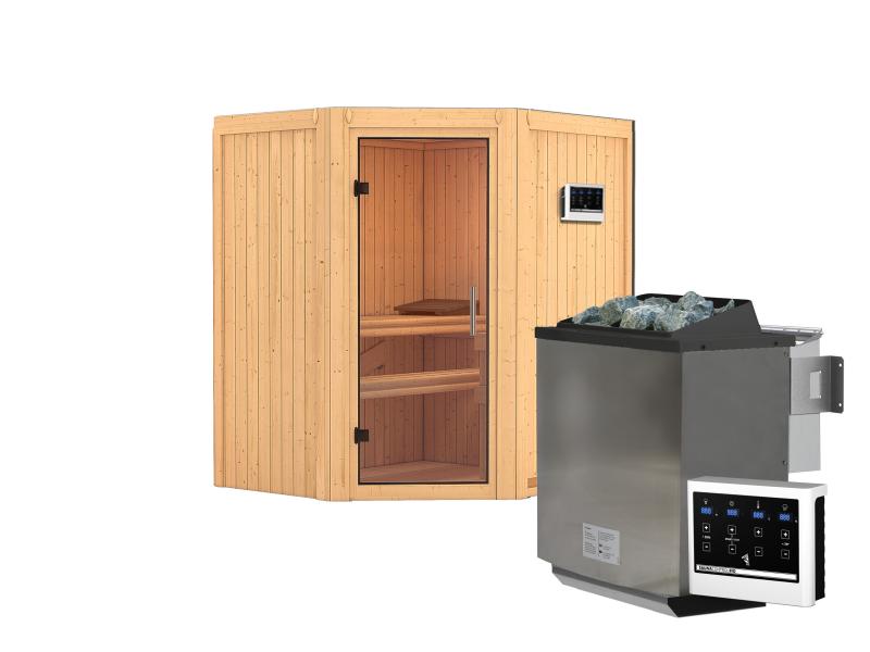 Karibu Sauna Taurin inkl. 9 kW Bioofen ext. Steuerung, mit klarglas Ganzglastür -ohne Dachkranz-