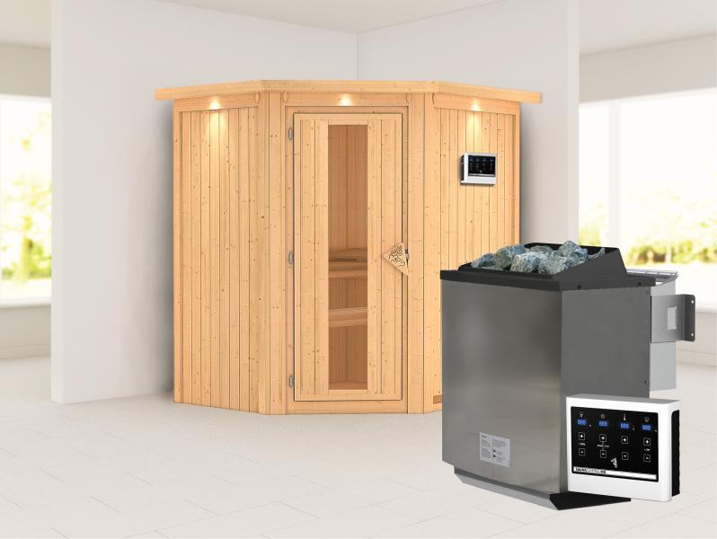 Karibu Sauna Taurin inkl. 9 kW Bioofen externe Steuerung, mit Energiespartür - mit Dachkranz -