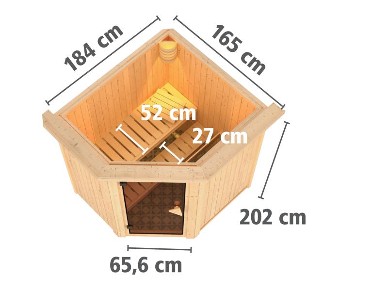 Karibu Sauna Taurin inkl. 9 kW Bioofen externe Steuerung, mit Energiespartür - mit Dachkranz -