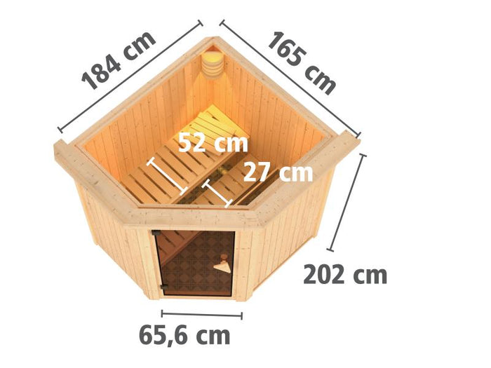 Karibu Sauna Taurin inkl. 9 kW Bioofen externe Steuerung, mit Energiespartür - mit Dachkranz -