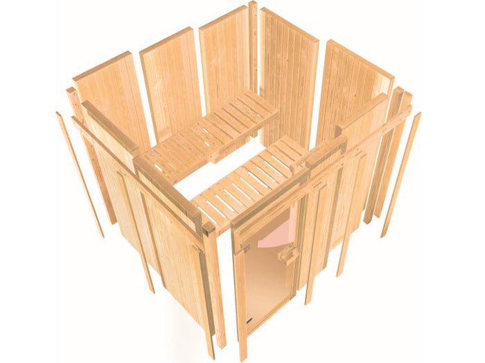 Karibu Sauna Taurin inkl. 9 kW Ofen ext. Steuerung, mit bronzierter Ganzglastür - mit Dachkranz -