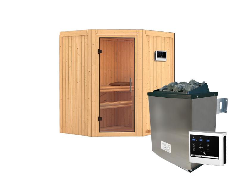 Karibu Sauna Taurin inkl. 9 kW Ofen ext. Steuerung,mit klarglas Ganzglastür - ohne Dachkranz -