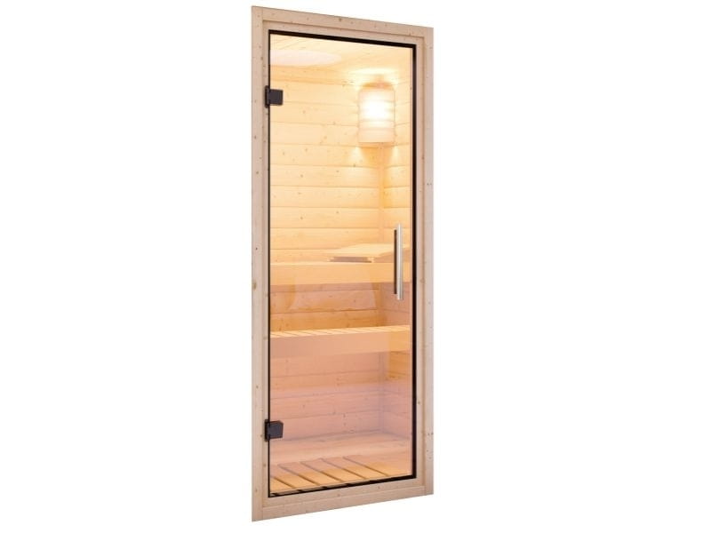 Karibu Sauna Taurin inkl. 9 kW Ofen ext. Steuerung,mit klarglas Ganzglastür - ohne Dachkranz -