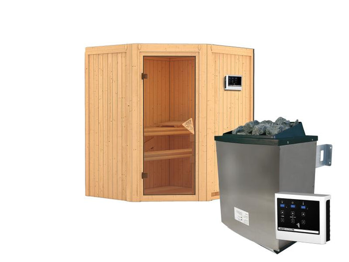 Karibu Sauna Taurin inkl. 9 kW Ofen ext. Steuerung, mit bronzierter Gnazglastür - ohne Dachkranz -