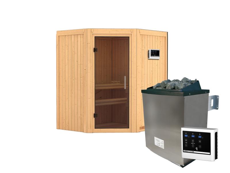 Karibu Sauna Taurin inkl. 9 kW Ofen ext. Steuerung, mit moderner Saunatür - ohne Dachkranz -