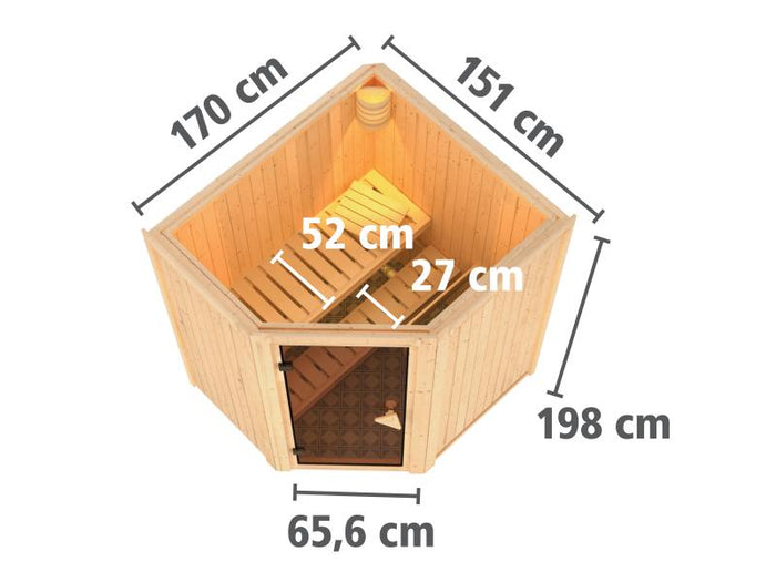 Karibu Sauna Taurin inkl. 9 kW Ofen ext. Steuerung, mit moderner Saunatür - ohne Dachkranz -
