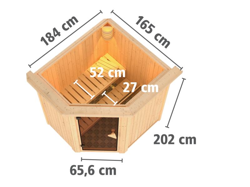 Karibu Sauna Taurin inkl. 9 kW Ofen ext. Steuerung, mit moderner Saunatür - mit Dachkranz -