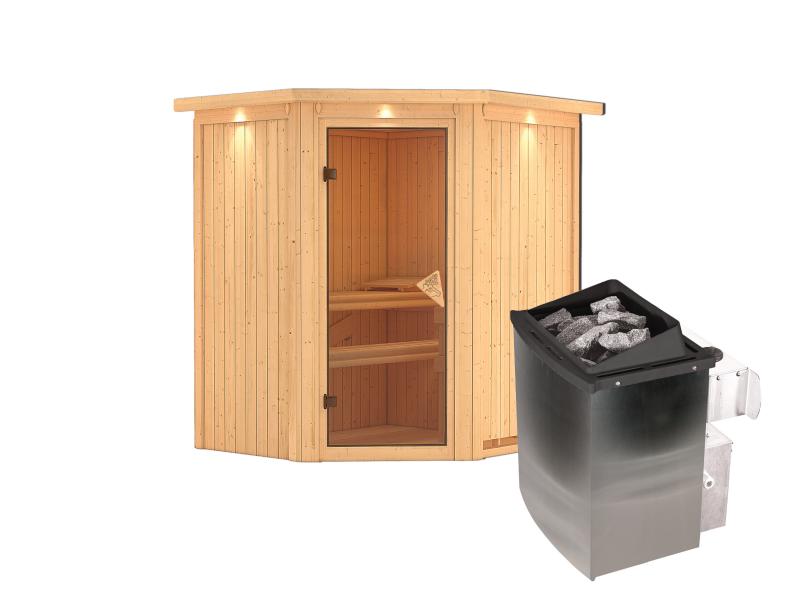 Karibu Sauna Taurin inkl. 9 kW Ofen integr. Steuerung, mit bronzierter Ganzglastür - mit Dachkranz -