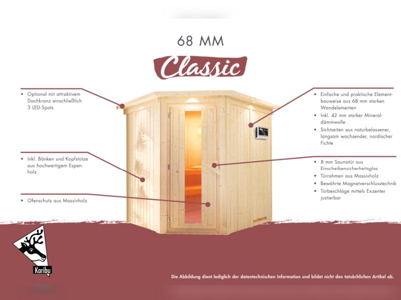 Karibu Sauna Taurin inkl. 9 kW Ofen integr. Steuerung, mit moderner Saunatür - ohne Dachkranz -