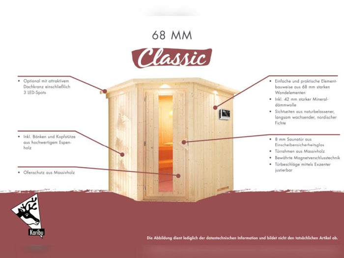 Karibu Sauna Taurin inkl. 9 kW Ofen integr. Steuerung, mit moderner Saunatür - ohne Dachkranz -