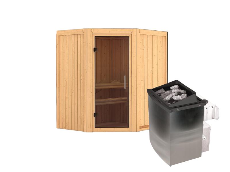 Karibu Sauna Taurin inkl. 9 kW Ofen integr. Steuerung, mit moderner Saunatür - ohne Dachkranz -