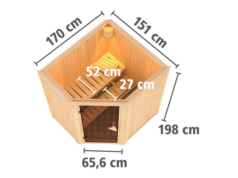 Karibu Sauna Taurin inkl. 9 kW Ofen integr. Steuerung, mit moderner Saunatür - ohne Dachkranz -