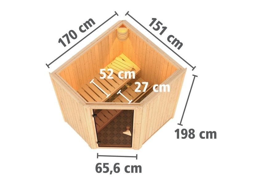 Karibu Sauna Taurin inkl. 9 kW Ofen integr. Steuerung, mit klarglas Ganzglastür -ohne Dachkranz -