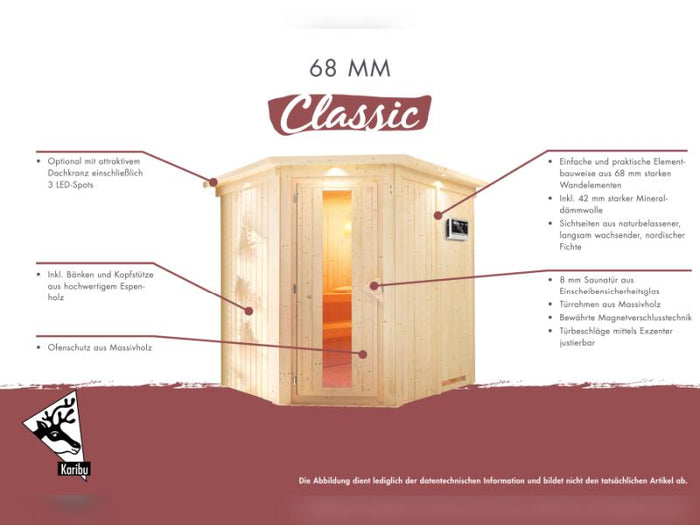Karibu Sauna Taurin inkl. 9 kW Ofen integrierte Steuerung, mit Energiespartür -ohne Dachkranz-