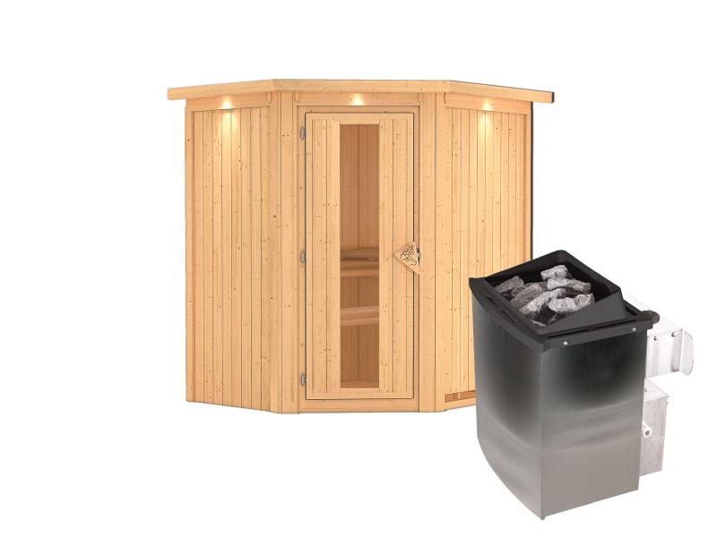 Karibu Sauna Taurin inkl. 9 kW Ofen integrierte Steuerung, mit Energiespartür -mit Dachkranz -
