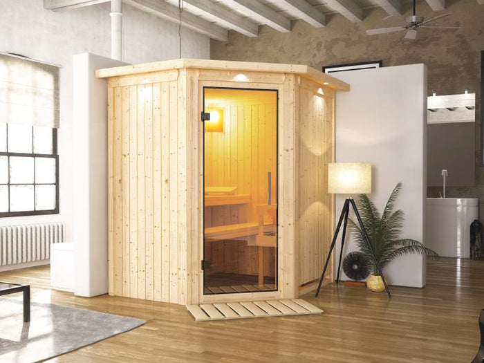 Karibu Sauna Taurin ohne Ofen, mit Dachkranz, mit Klarglas Ganzglastür