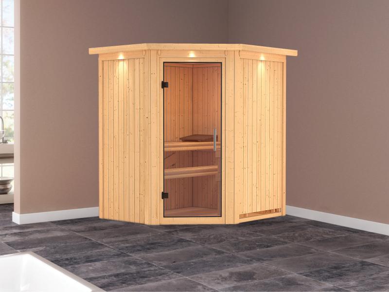 Karibu Sauna Taurin ohne Ofen, mit Dachkranz, mit Klarglas Ganzglastür