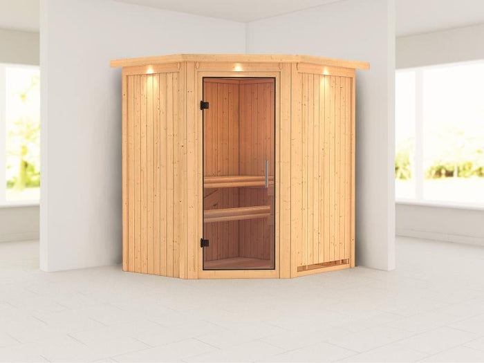 Karibu Sauna Taurin ohne Ofen, mit Dachkranz, mit Klarglas Ganzglastür