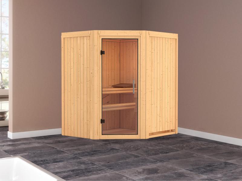 Karibu Sauna Taurin ohne Ofen, ohne Dachkranz, mit Klarglas Ganzglastür