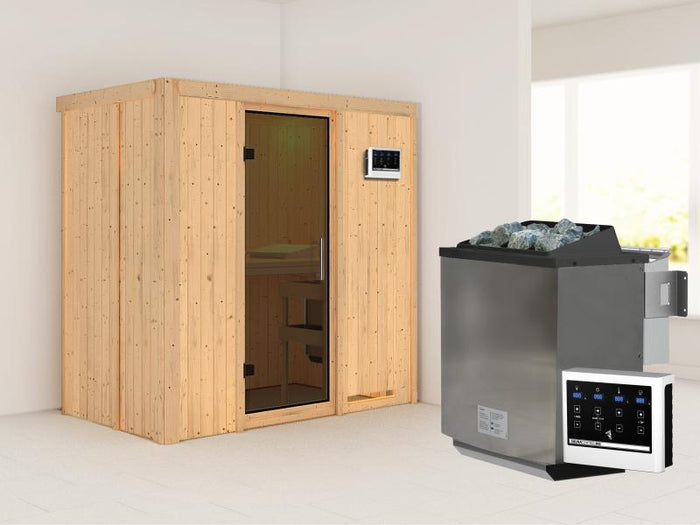 Karibu Sauna Variado inkl. 9 kW Bioofen ext. Steuerung, mit moderner Saunatür -ohne Dachkranz-