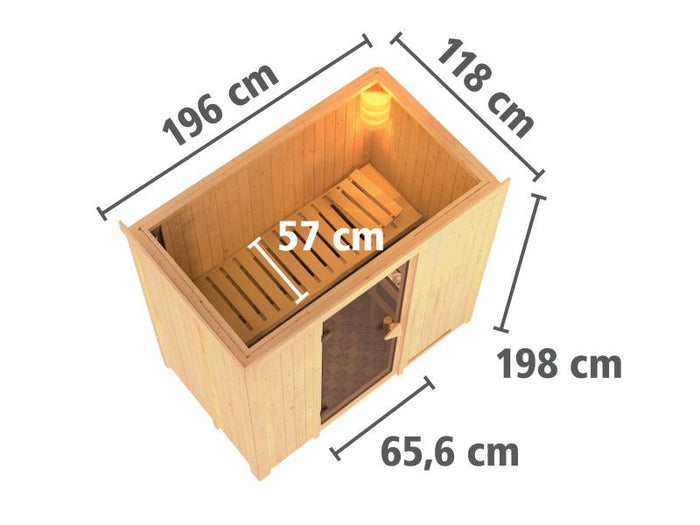 Karibu Sauna Variado inkl. 9 kW Bioofen ext. Steuerung, mit klarglas Ganzglastür -ohne Dachkranz-