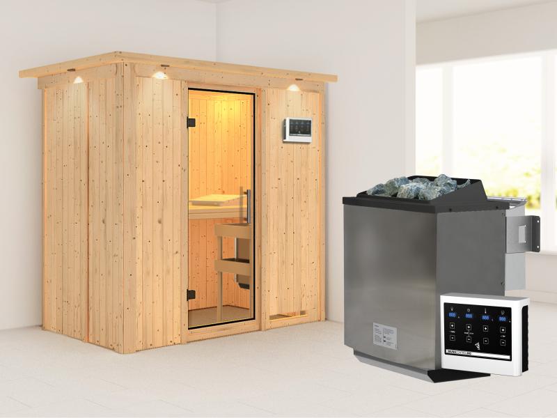 Karibu Sauna Variado inkl. 9 kW Bioofen ext. Steuerung, mit klarglas Ganzglastür -mit Dachkranz-