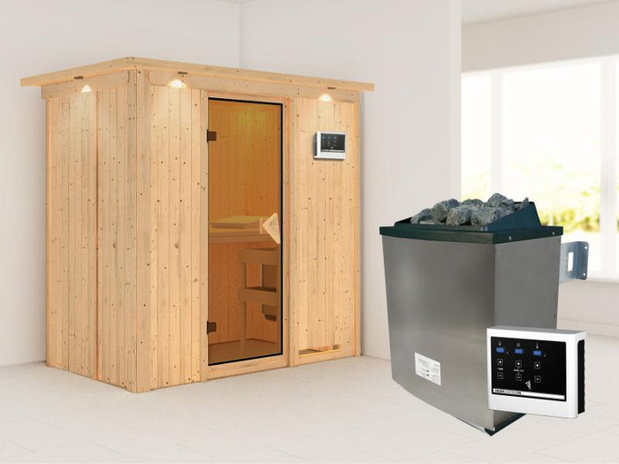 Karibu Sauna Variado inkl. 9 kW Ofen ext. Steuerung, mit klassischer Tür -mit Dachkranz-