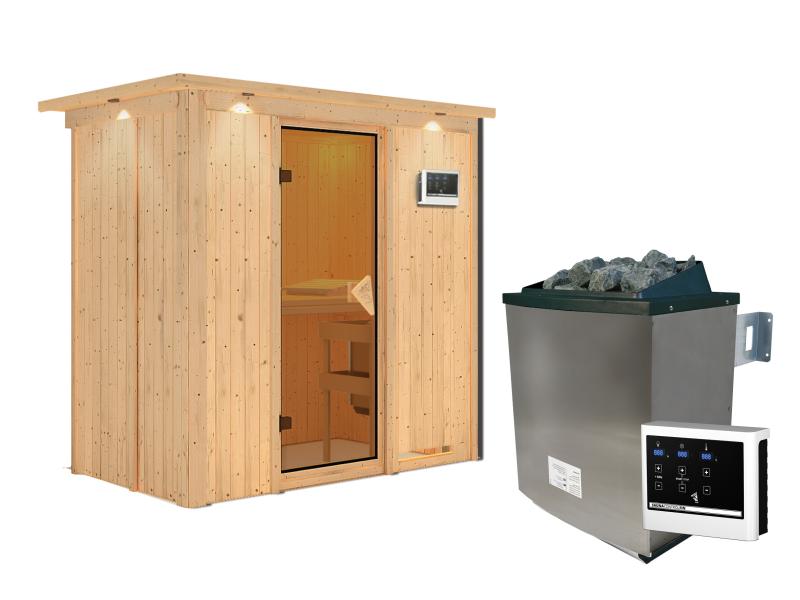Karibu Sauna Variado inkl. 9 kW Ofen ext. Steuerung, mit klassischer Tür -mit Dachkranz-