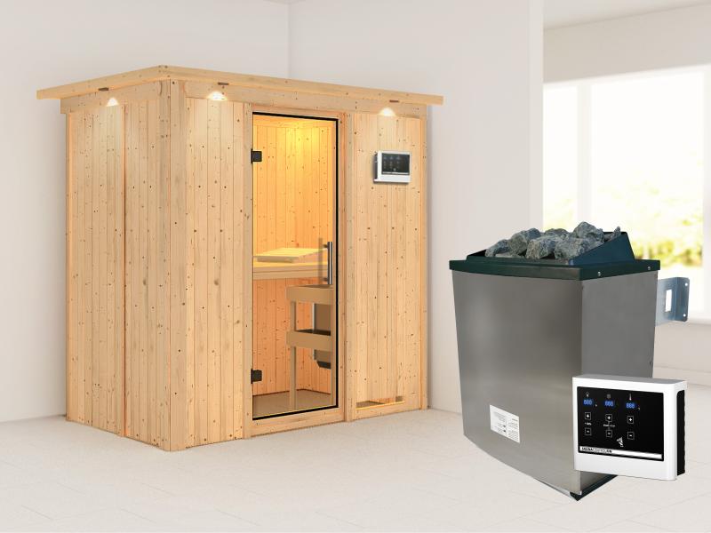 Karibu Sauna Variado inkl. 9 kW Ofen ext. Steuerung, mit klarglas Ganzglastür -mit Dachkranz-
