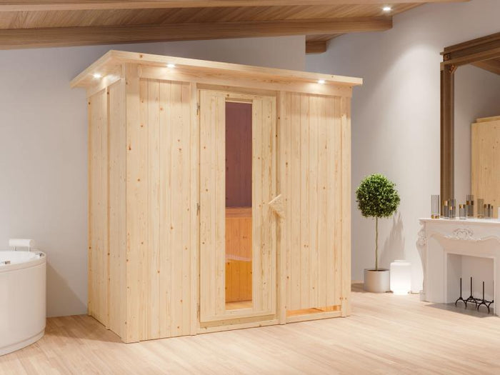 Karibu Sauna Variado inkl. 9 kW Ofen integr. Steuerung, mit Energiespartür -mit Dachkranz-