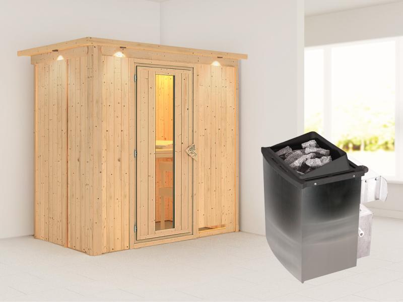 Karibu Sauna Variado inkl. 9 kW Ofen integr. Steuerung, mit Energiespartür -mit Dachkranz-