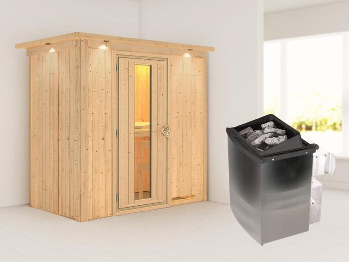 Karibu Sauna Variado inkl. 9 kW Ofen integr. Steuerung, mit Energiespartür -mit Dachkranz-